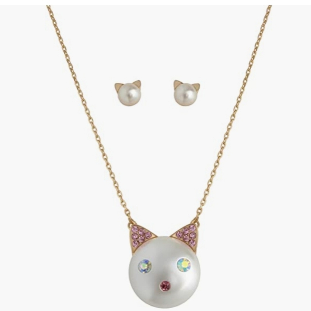 Betsey Johnson Pearl Cat Pendant & Earrings